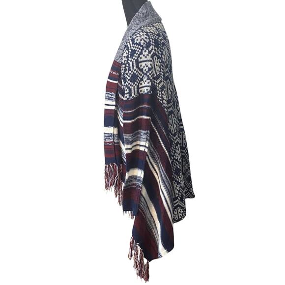 Cozy Boho Southwest Fringe Cardigan Sweater Open Front Waterfall Hem Blue Red L - Picture 3 of 8